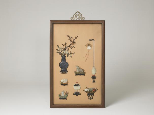 花梨木边嵌玉牙博古图挂屏