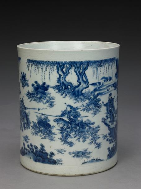 青花人物故事图笔筒