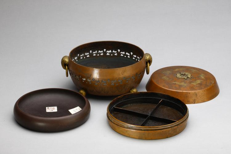 端石鼓式铜盒暖砚