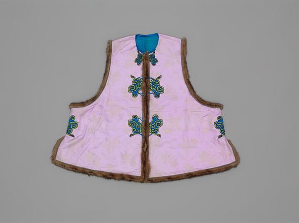 藕荷色金鱼纹织金绸镶貂皮边对襟夹坎肩