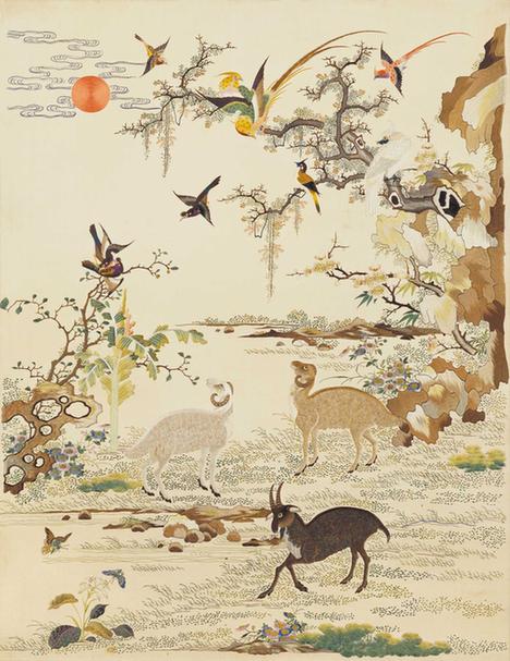 白缎地广绣三阳开泰挂屏心