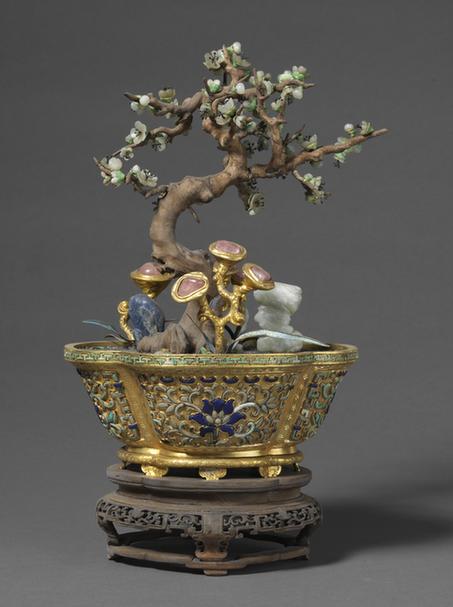 铜镀金嵌玉石玻璃海棠式盆玉石梅花盆景