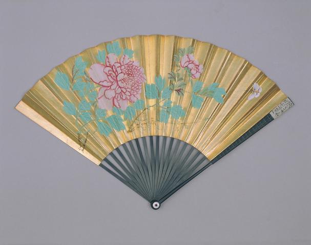乌木股雕寿字边金面画花卉图面折扇