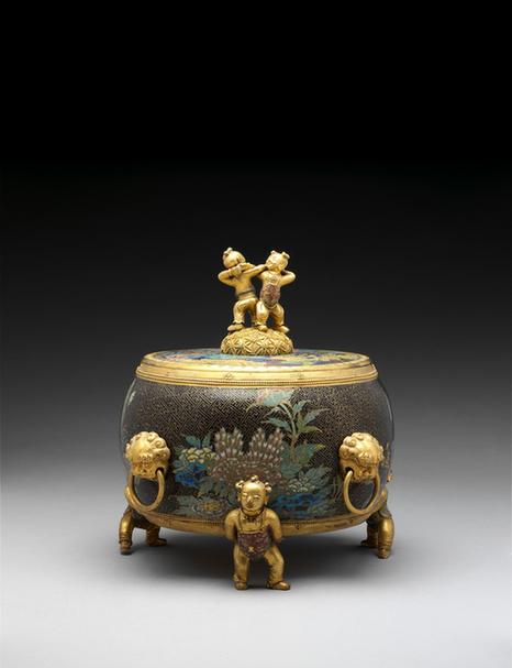 掐丝珐琅花卉纹兽耳活环婴足鼓式盖炉