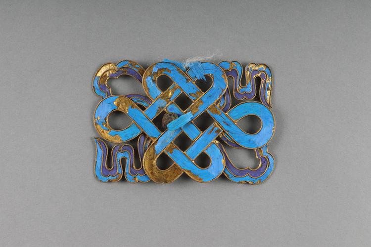 铜镀金点翠嵌珠盘肠纹帽花