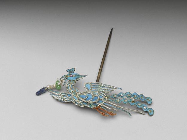 银镀金点翠嵌珠宝翔凤步摇-1