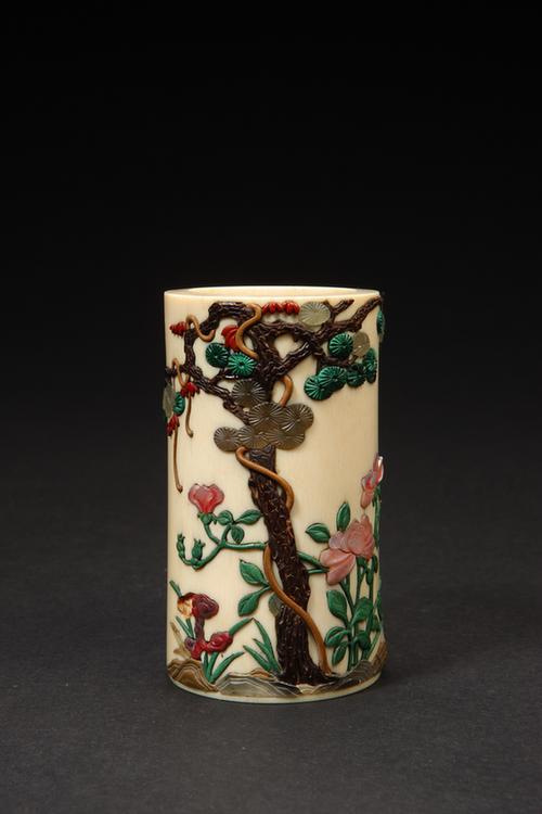 象牙嵌石花卉纹小笔筒