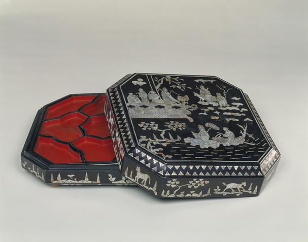 黑漆嵌螺钿八仙图方形委角盒