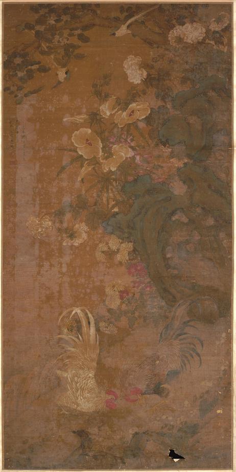 繁花斗鸡图横披