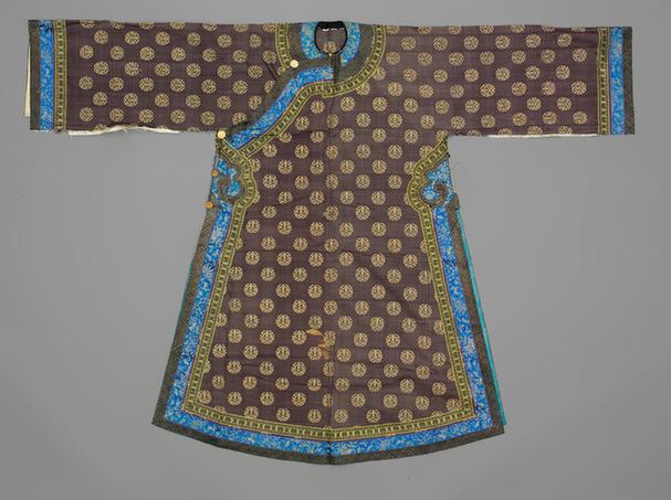 绛色缂金团寿纹氅衣拆片