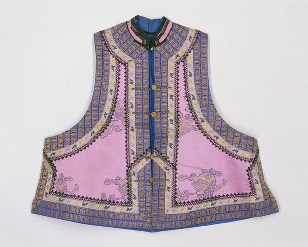 粉色三多纹织金缎对襟夹小坎肩