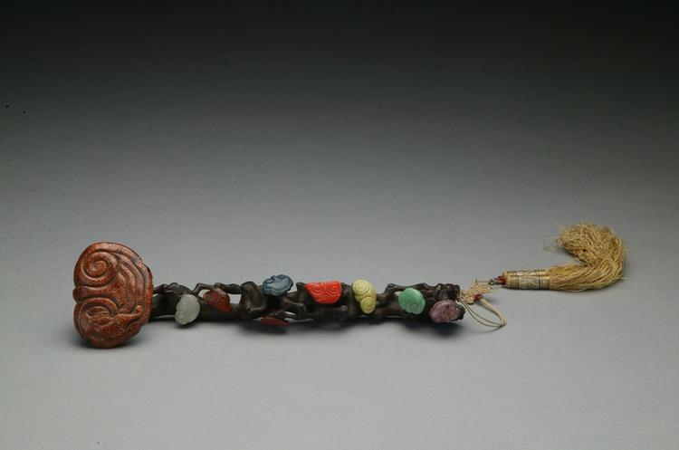 紫檀镂雕嵌料石柄金星石如意