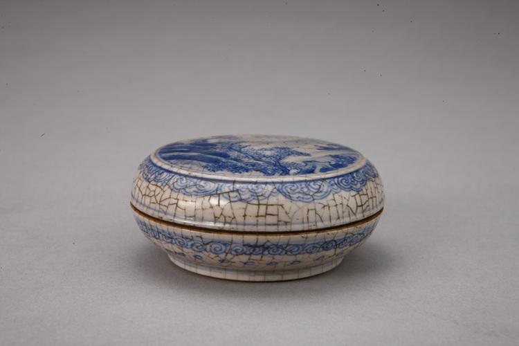 成化款浆胎青花山水人物图印泥盒