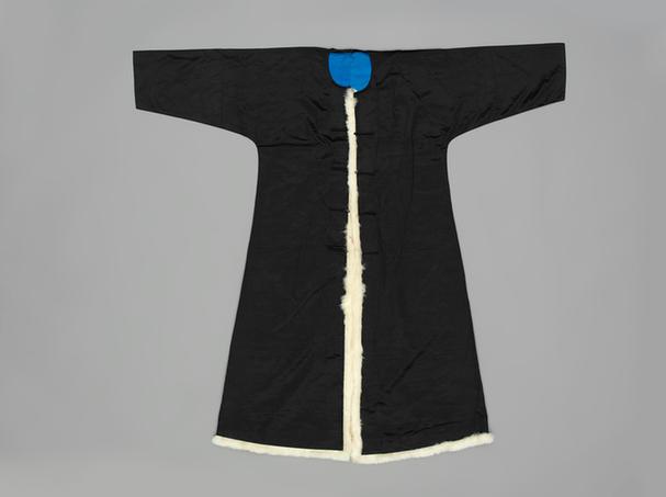 青色素缎镶白狐皮边夹褂