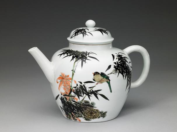 黑彩竹鹊纹茶壶