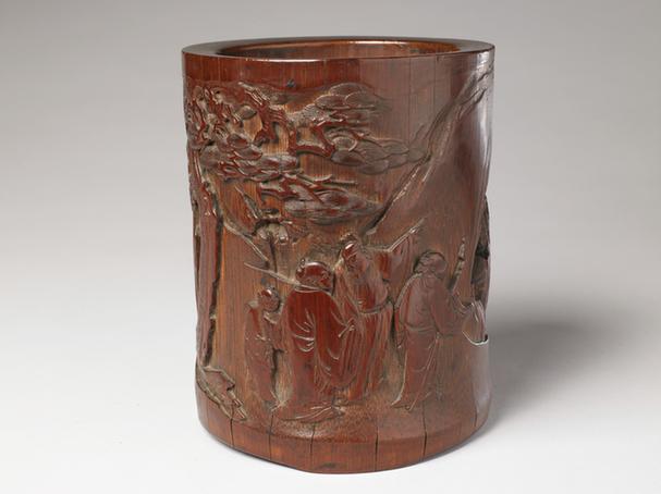 竹雕观瀑图笔筒