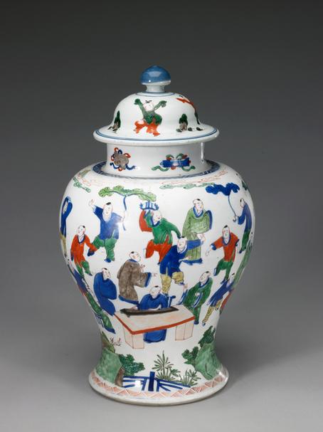 五彩婴戏图盖罐