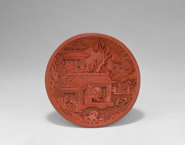 宣德款剔红楼阁人物图圆盘