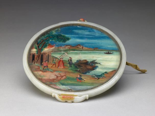 青玉浮雕蝙蝠夔龙边容镜