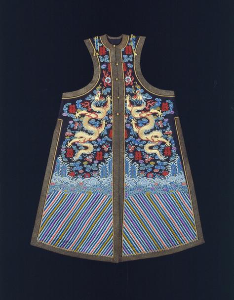 青色纳纱彩云蝠双喜金龙纹单朝褂