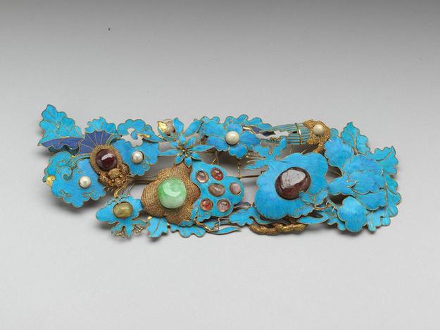 银镀金点翠嵌宝福寿簪