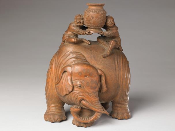 竹根雕双人骑象进宝