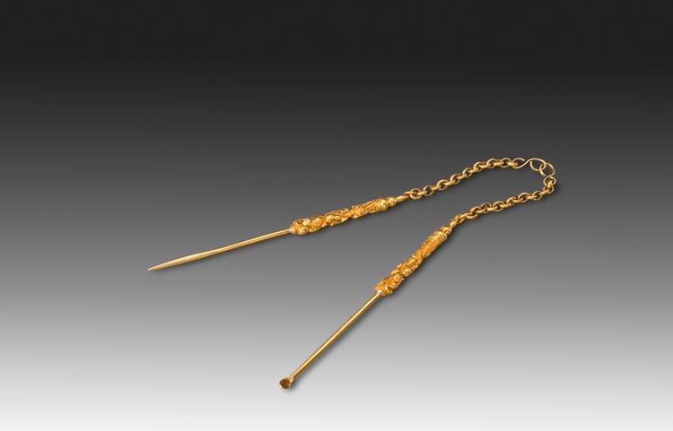 赤金葫芦花纹带链牙签耳挖