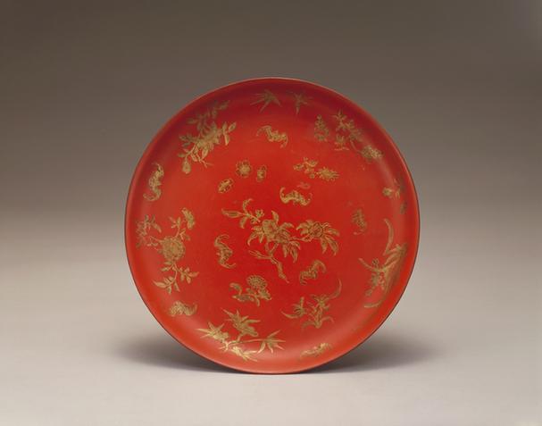 红漆描金桃蝠四季花卉纹圆盘