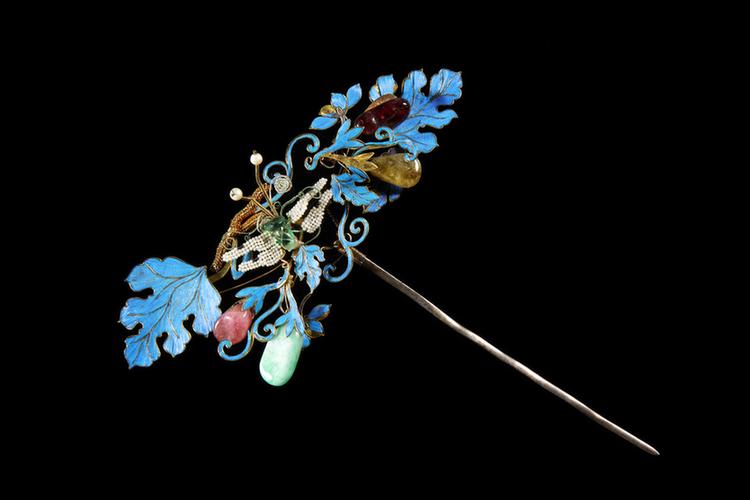 银镀金嵌宝石蜻蜓纹簪