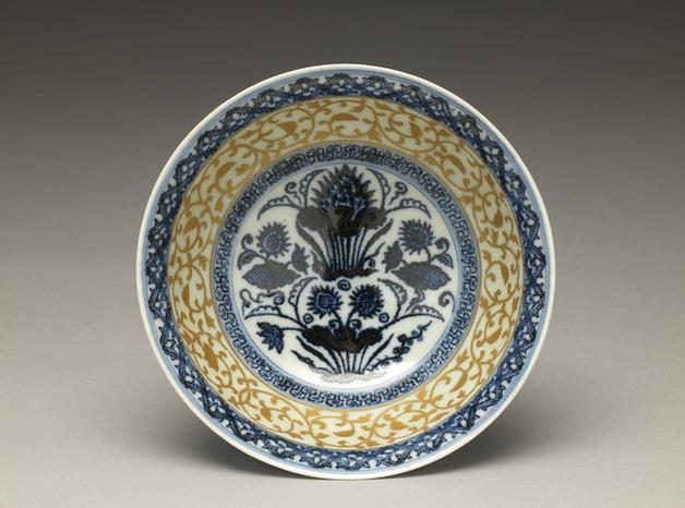 青花莲塘纹金彩碗-1