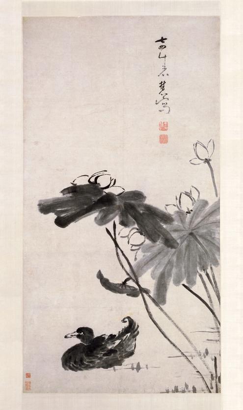 牛石慧荷鸭图轴