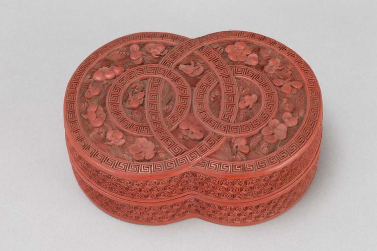 剔红落花流水双套环纹双圆式盒