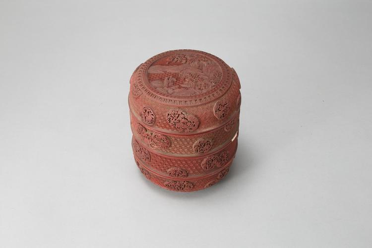 剔红团花人物图三层圆套盒