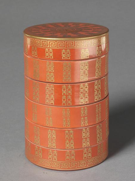 燕喜同和款红地金彩喜字六节圆盒