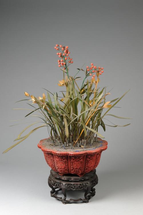 剔红菊瓣式盆红色玻璃天竹盆景