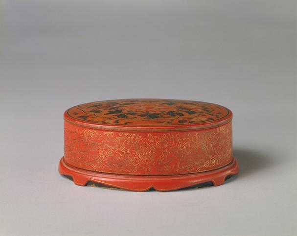 宣德款戗金彩漆花卉纹椭圆盒