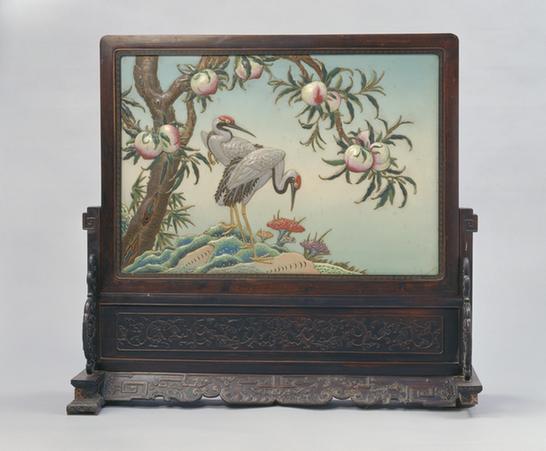 紫檀木边座嵌珐琅桃鹤图插屏