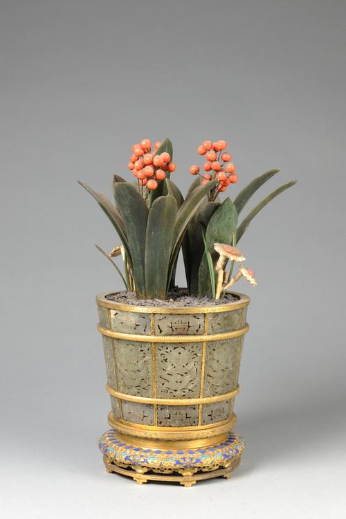 花篮式盆木雕荷鸟盆景