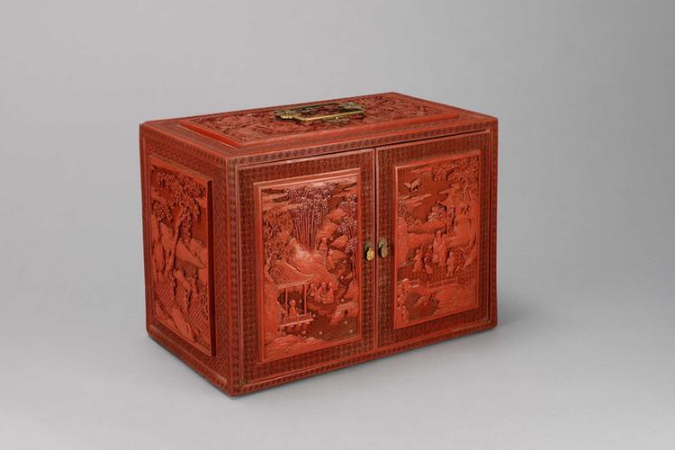 剔红海水龙珠纹开光山水人物图长方提匣