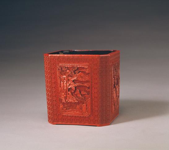 剔红开光人物故事图方笔筒