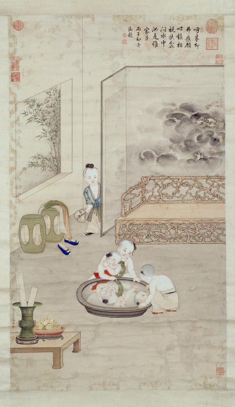 照盆婴戏图轴