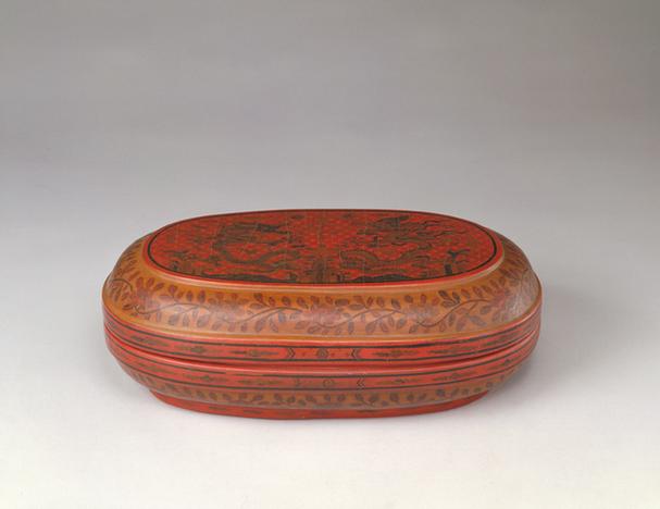 万历款戗金彩漆双龙捧寿纹椭圆盒