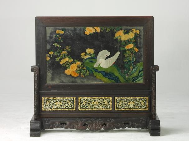 红木边座画花鸟图玻璃插屏