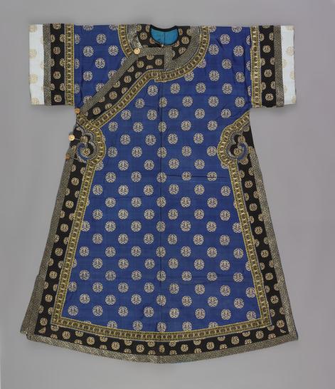 蓝色缂金团寿字纹夹氅衣