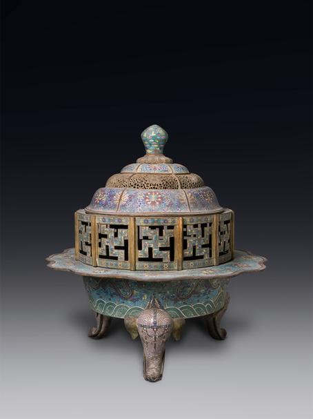 掐丝珐琅缠枝莲云龙纹象首三足葵花式熏炉