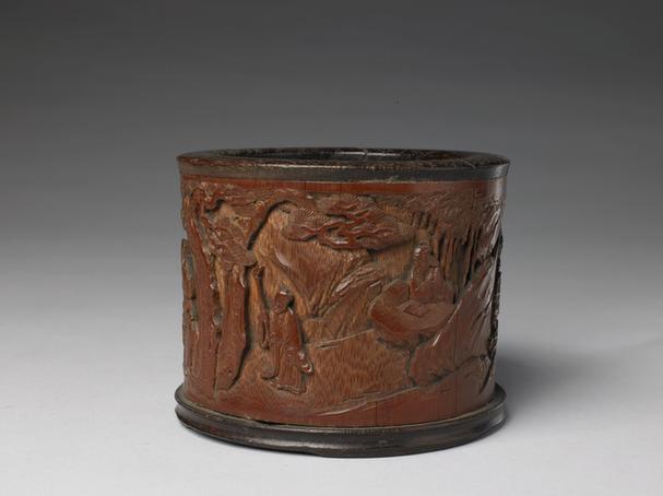 竹雕松荫雅集图笔筒