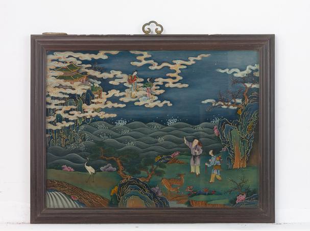 紫檀木边画玻璃人物图挂屏