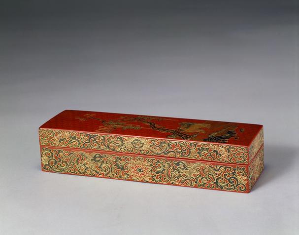 卢葵生款戗金彩漆双骏图长方文具盒