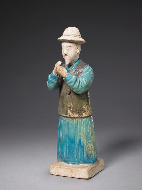 孔雀绿加紫釉老人俑