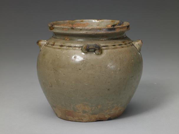 青釉褐斑弦纹四系小罐